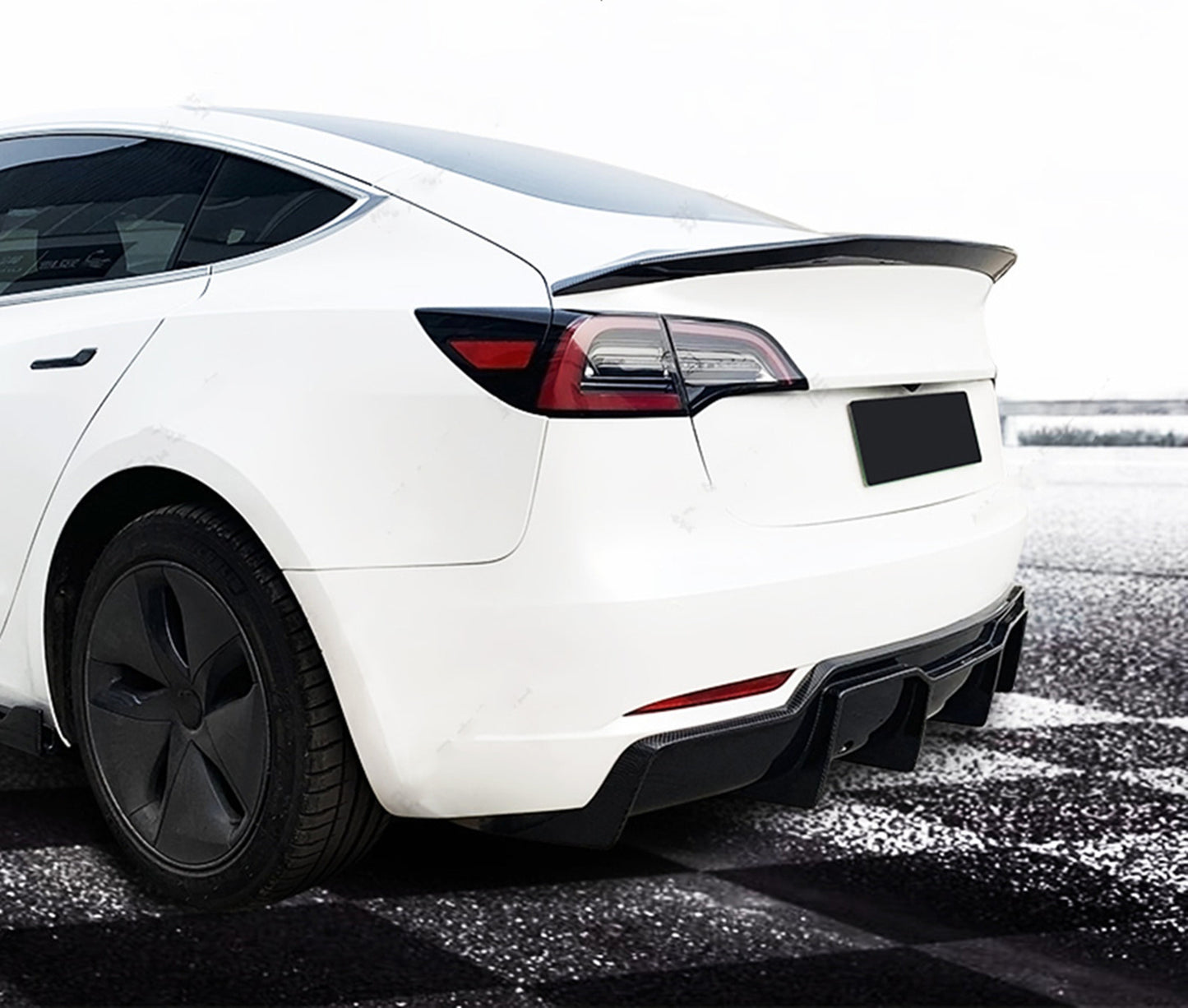 Black Rear Trunk Spoiler Lip + Bumper Diffuser fits Tesla Model 3 2017 2018-2023