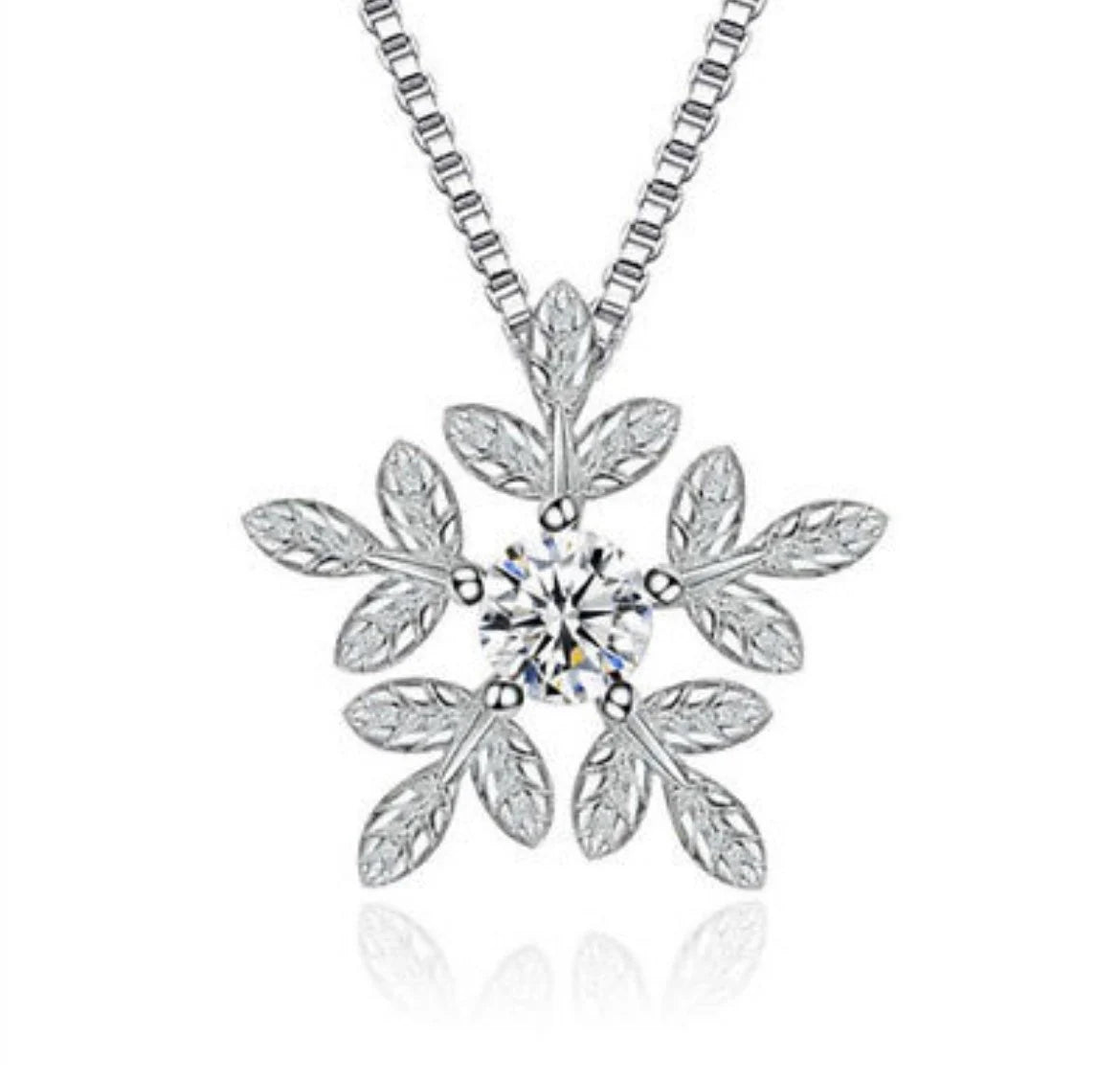 Diamond Snowflake Pendant 925 Sterling Silver Chain Necklace Womens Jewellery Gift