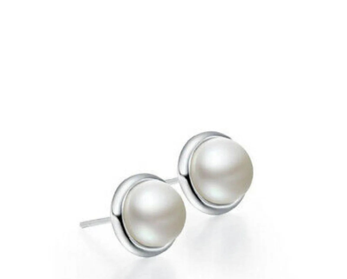 Round White Pearl Ear Stud Earrings 925 Sterling Silver Womens Jewellery Gift UK