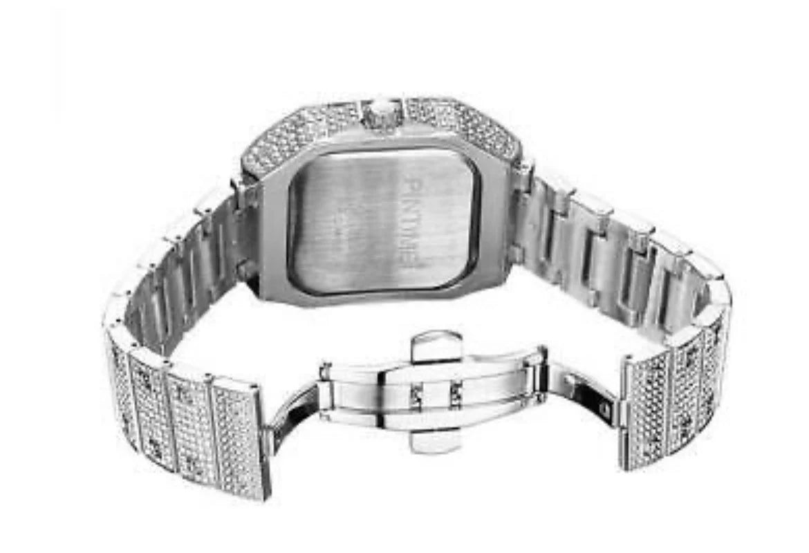 Iced Out Square Watch Roman Quartz Hip Hop Jewelry Silver CZ Stone