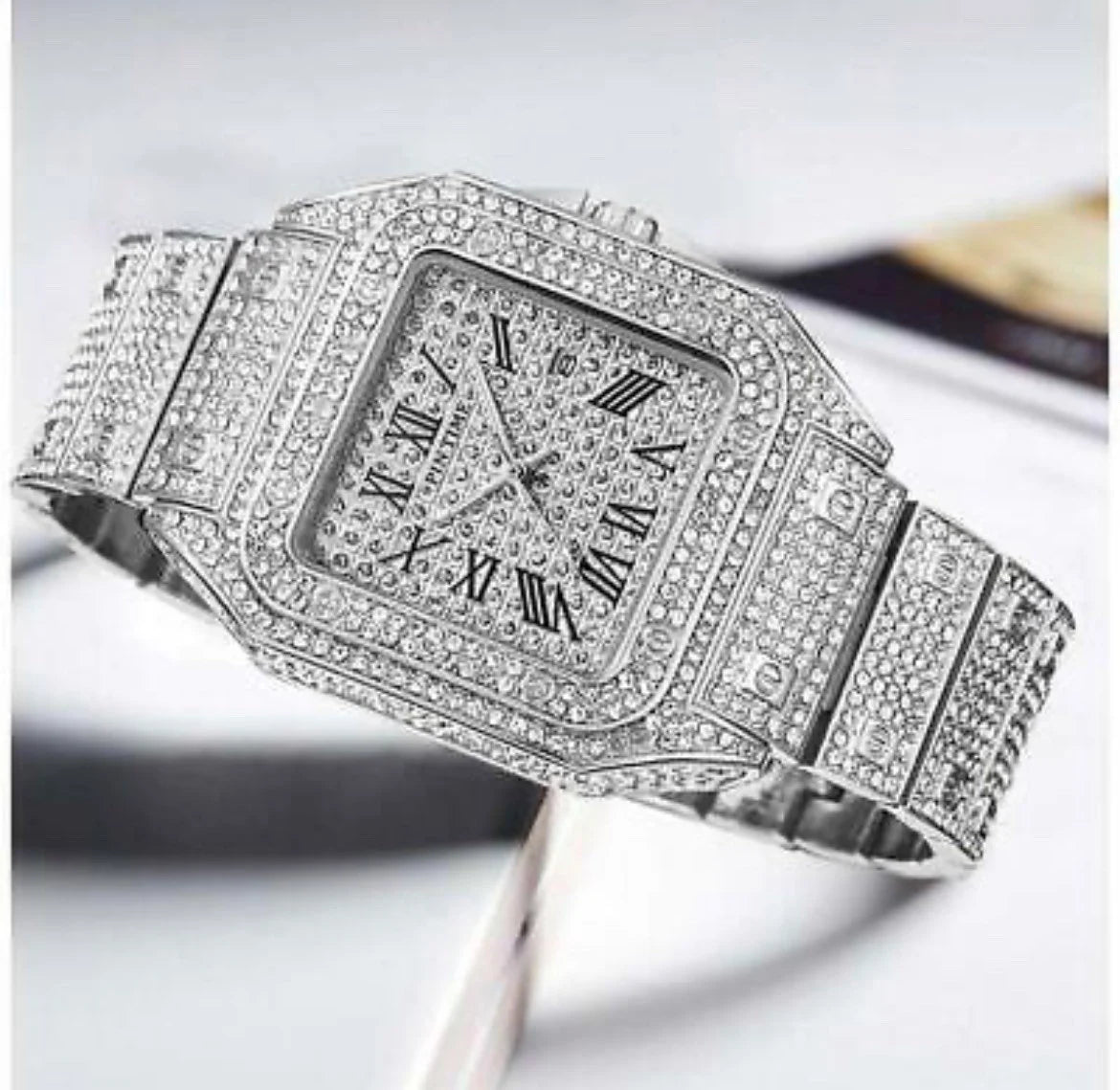 Iced Out Square Watch Roman Quartz Hip Hop Jewelry Silver CZ Stone