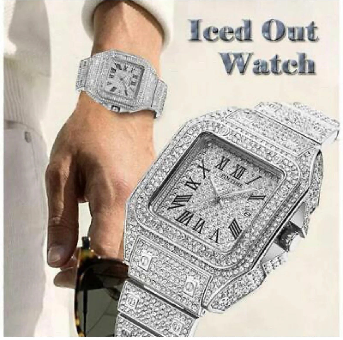 Iced Out Square Watch Roman Quartz Hip Hop Jewelry Silver CZ Stone