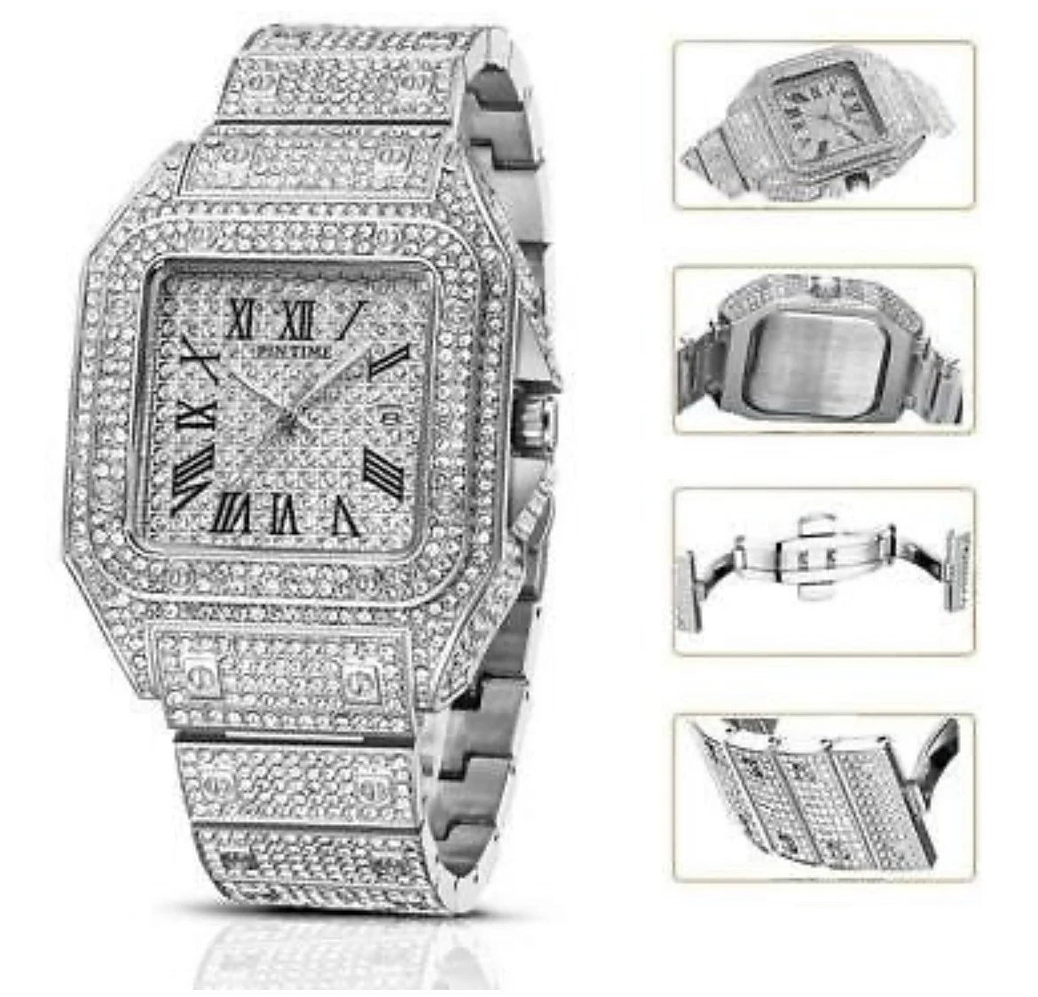Iced Out Square Watch Roman Quartz Hip Hop Jewelry Silver CZ Stone