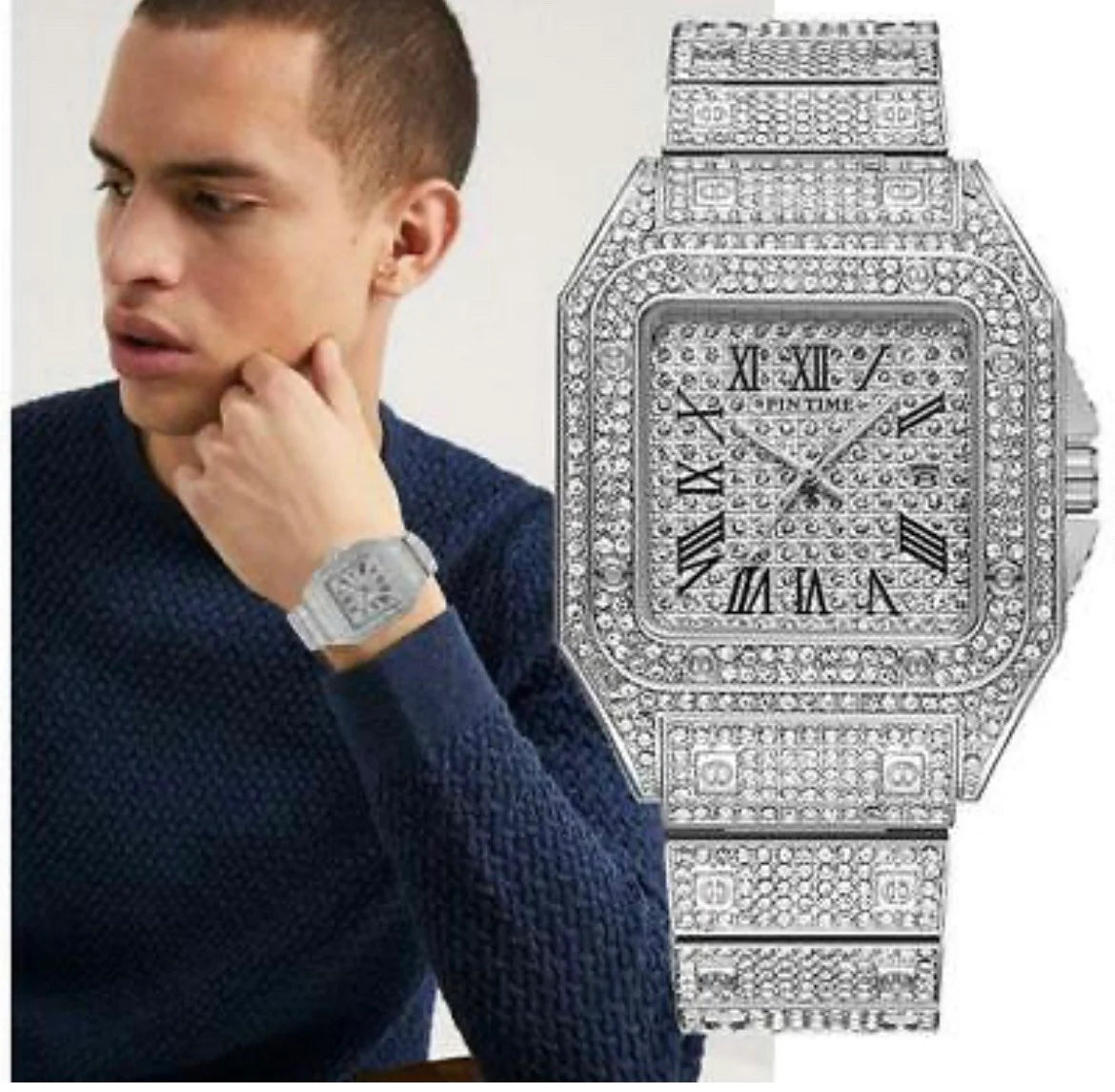 Iced Out Square Watch Roman Quartz Hip Hop Jewelry Silver CZ Stone