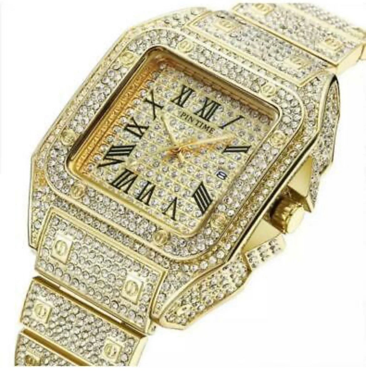 Iced Out Square Watch Roman Quartz Hip Hop Jewelry Gold CZ Stone