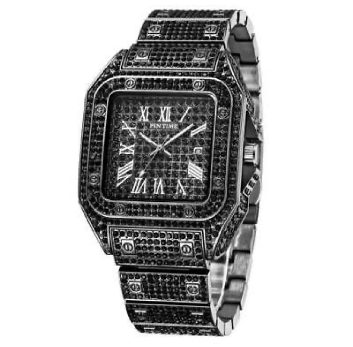 Iced Out Square Watch Roman Quartz Hip Hop Jewelry Black CZ Stone
