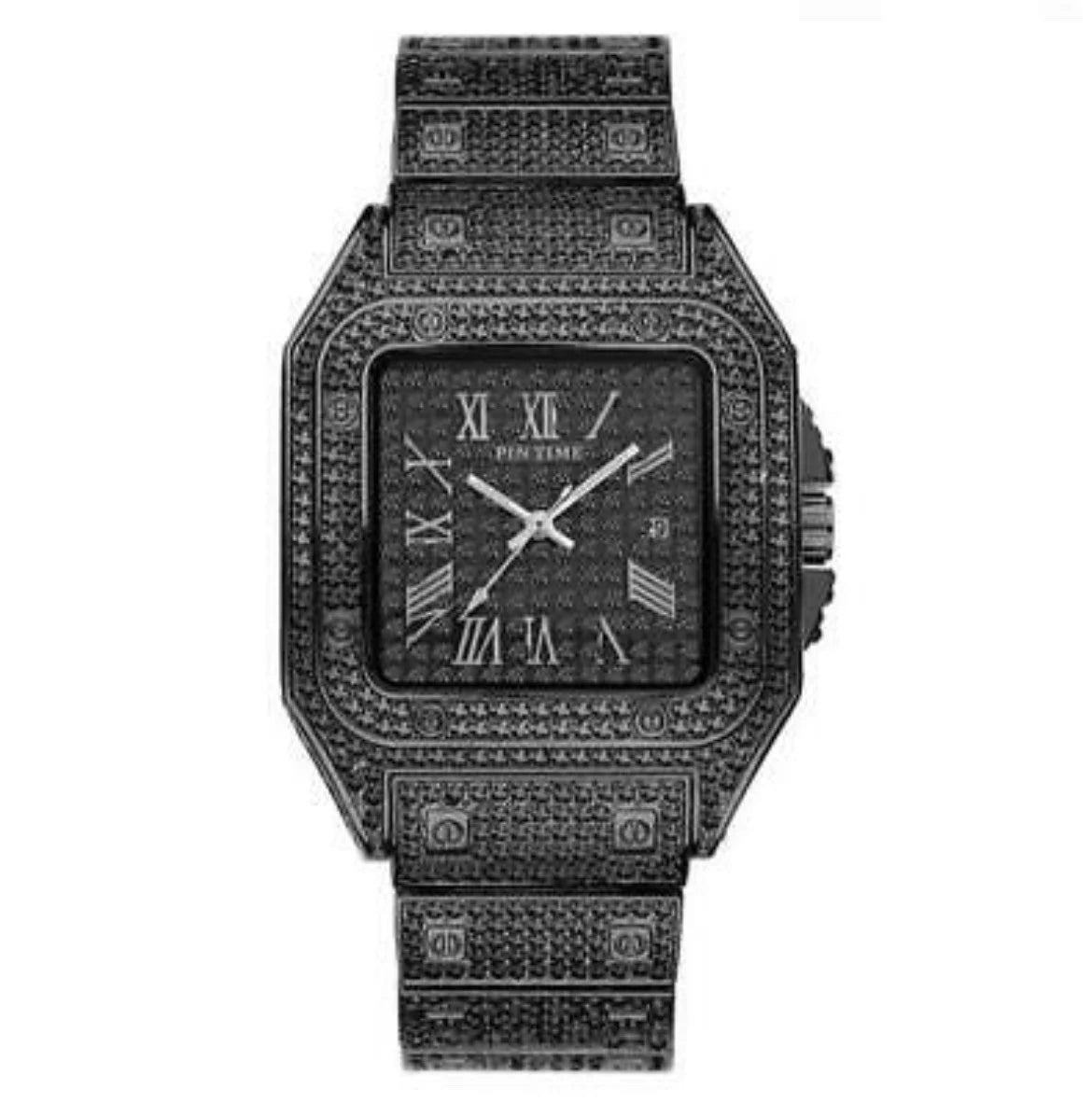 Iced Out Square Watch Roman Quartz Hip Hop Jewelry Black CZ Stone
