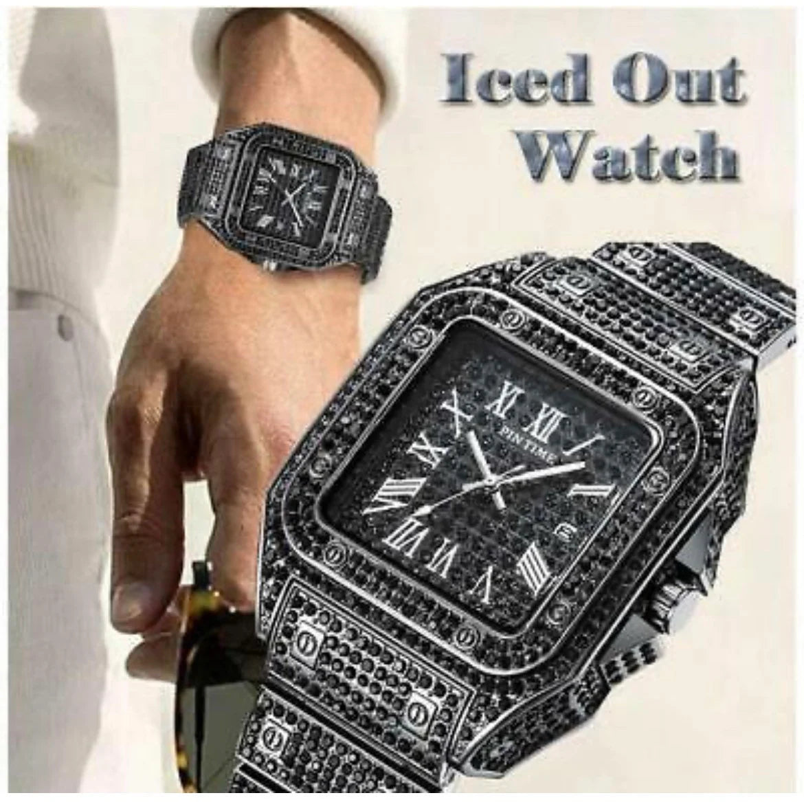 Iced Out Square Watch Roman Quartz Hip Hop Jewelry Black CZ Stone