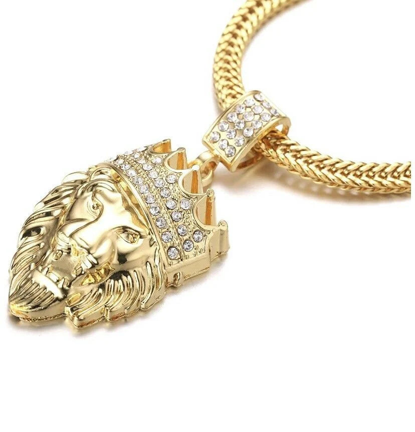 Lion Necklace Iced Out Gold King Crown Cuban Chain Hip Hop Rhinestone Bling Ice