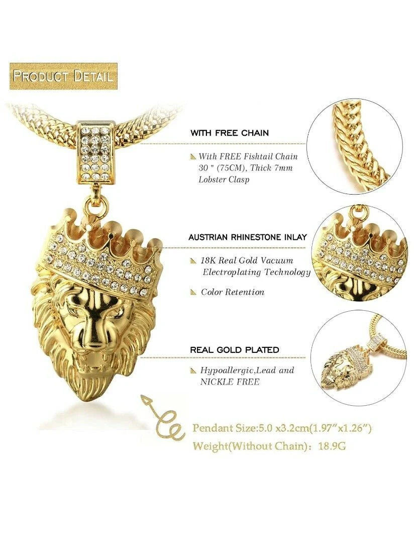 Lion Necklace Iced Out Gold King Crown Cuban Chain Hip Hop Rhinestone Bling Ice