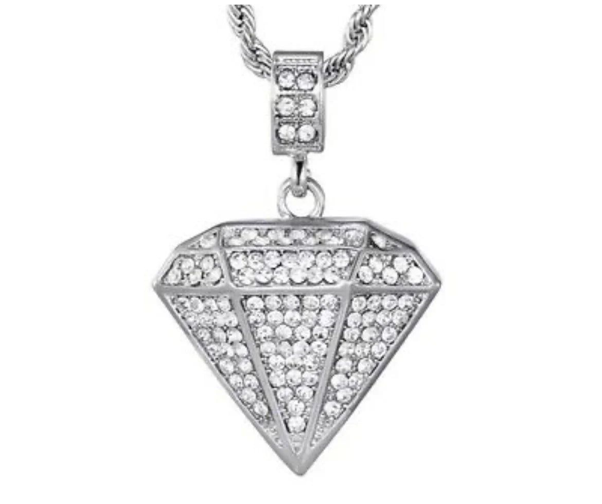 Silver Iced Out Diamond Pendant Necklace Hip Hop Rapper Bling 30” Cuban Chain
