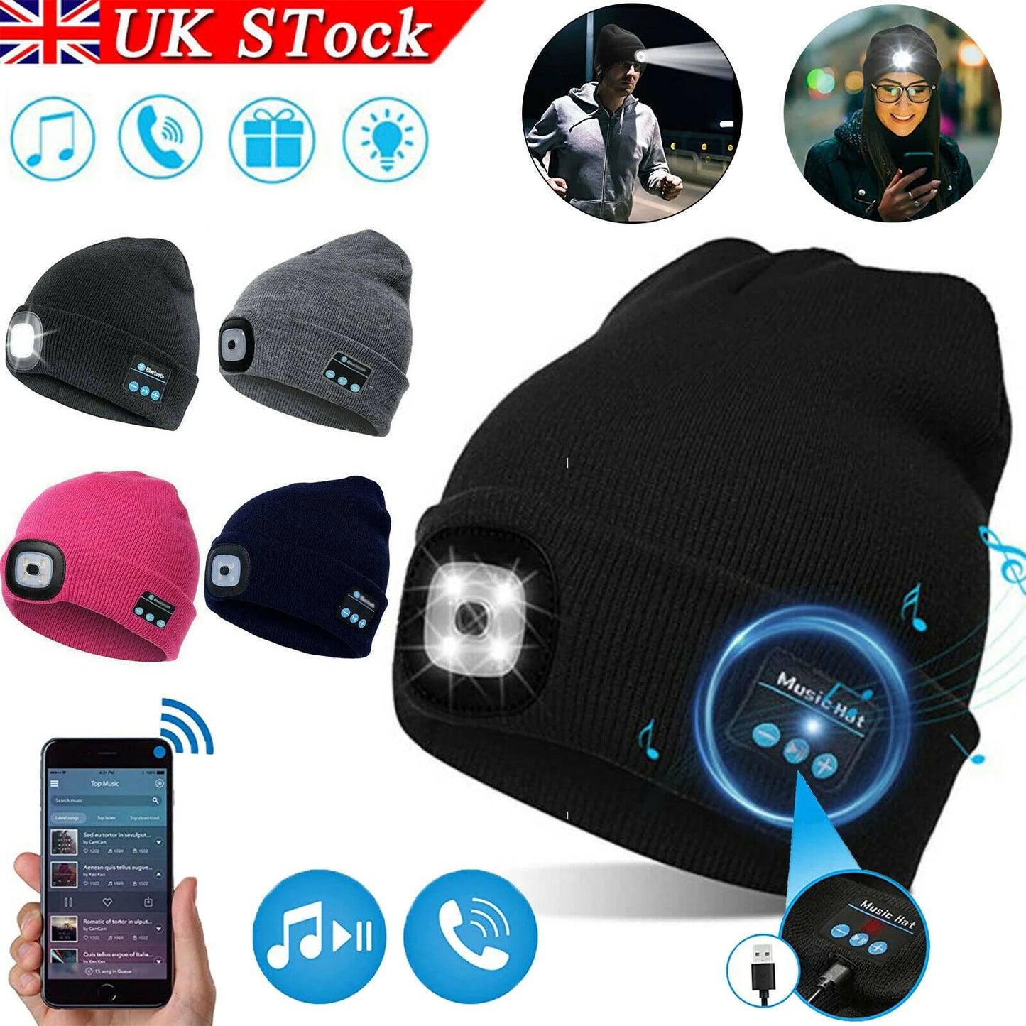 Grey Rechargeable Wireless Bluetooth LED Hat with Music Speakers Light Beanie Warm