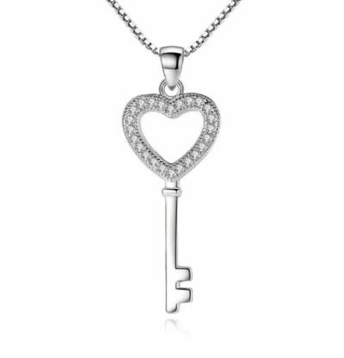 Women Crystal Heart Key Pendant Chain Necklace 925 Sterling Silver Jewellery UK