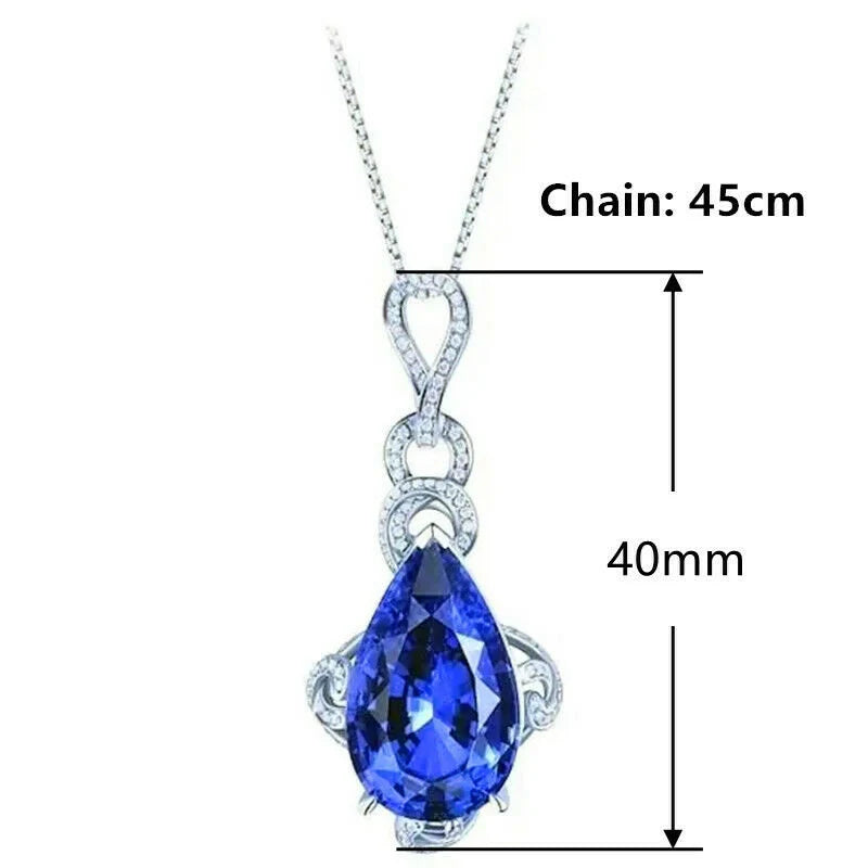 Pear Cut Blue Sapphire Women Wedding Jewelry Fashion 925 Silver Necklace Pendant