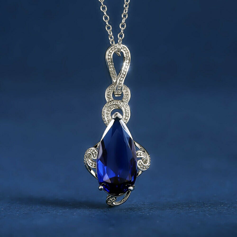 Pear Cut Blue Sapphire Women Wedding Jewelry Fashion 925 Silver Necklace Pendant