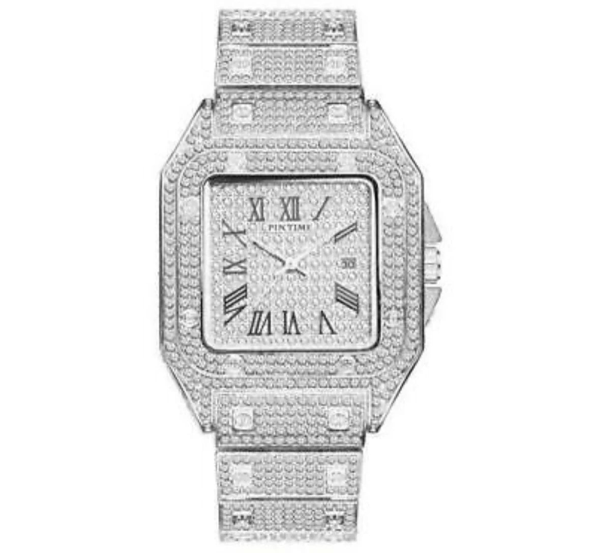 Iced Out Square Watch Roman Quartz Hip Hop Jewelry Silver CZ Stone
