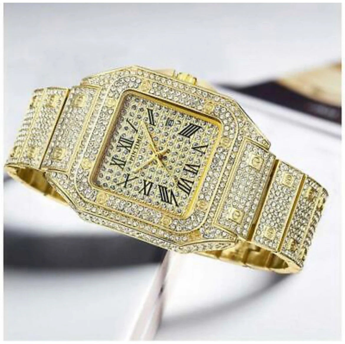 Iced Out Square Watch Roman Quartz Hip Hop Jewelry Gold CZ Stone