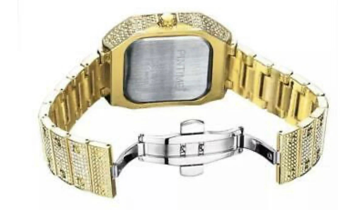 Iced Out Square Watch Roman Quartz Hip Hop Jewelry Gold CZ Stone