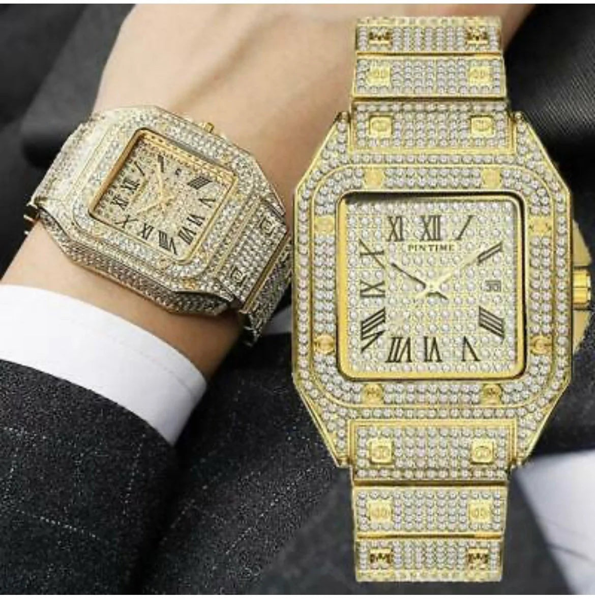 Iced Out Square Watch Roman Quartz Hip Hop Jewelry Gold CZ Stone
