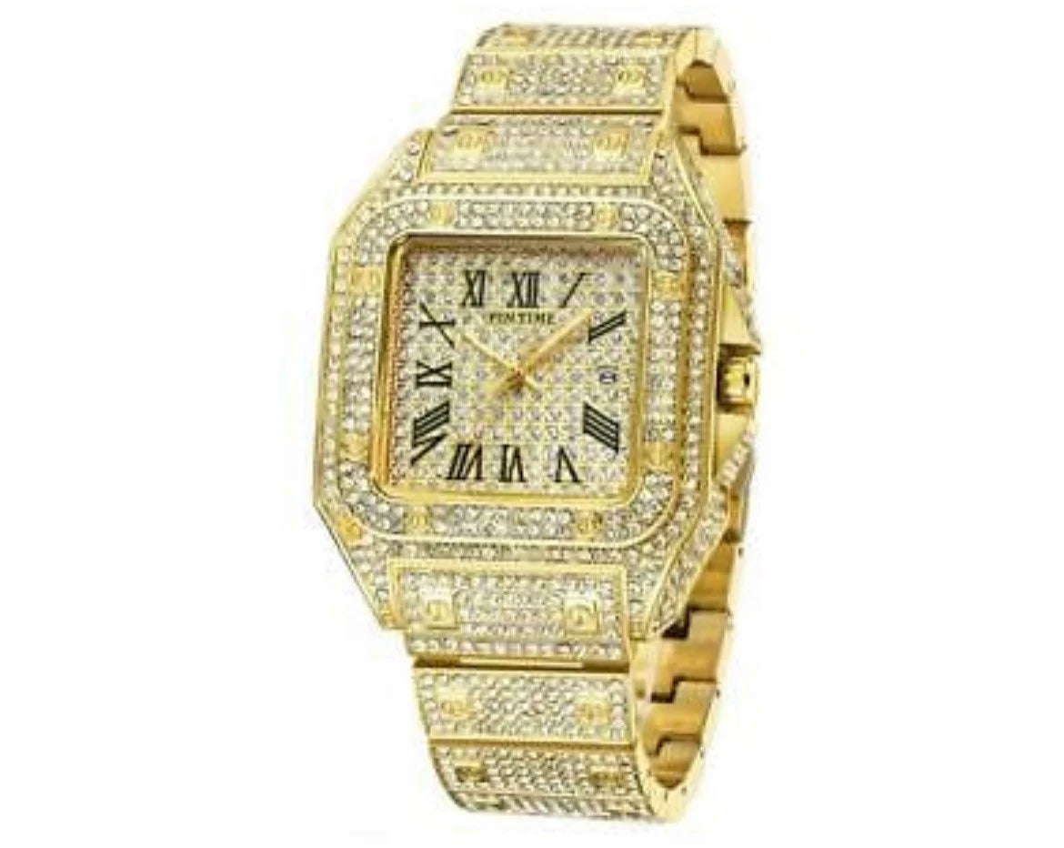 Iced Out Square Watch Roman Quartz Hip Hop Jewelry Gold CZ Stone
