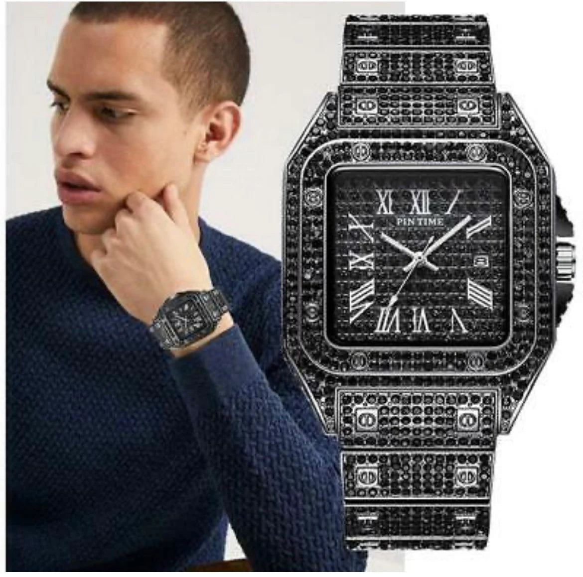 Iced Out Square Watch Roman Quartz Hip Hop Jewelry Black CZ Stone