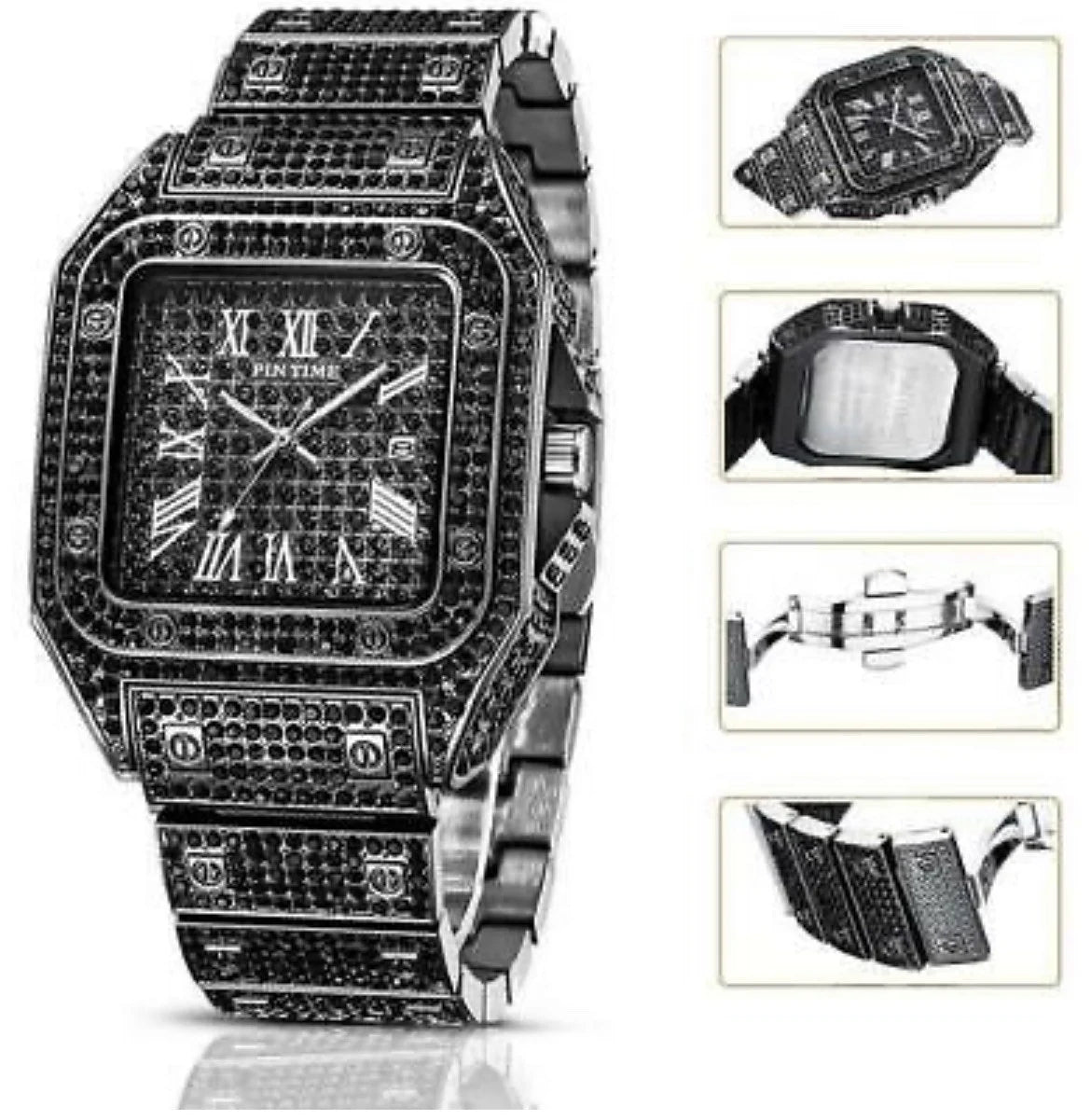 Iced Out Square Watch Roman Quartz Hip Hop Jewelry Black CZ Stone