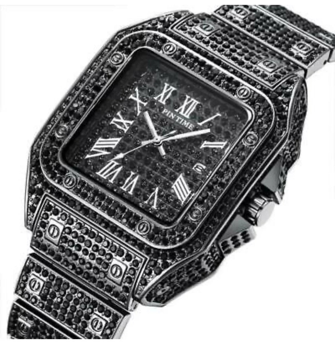 Iced Out Square Watch Roman Quartz Hip Hop Jewelry Black CZ Stone