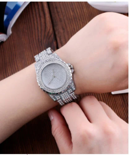 Silver Cubic Zirconia Crystal Women Ladies Men Fashion Bling Steel Watch Uk