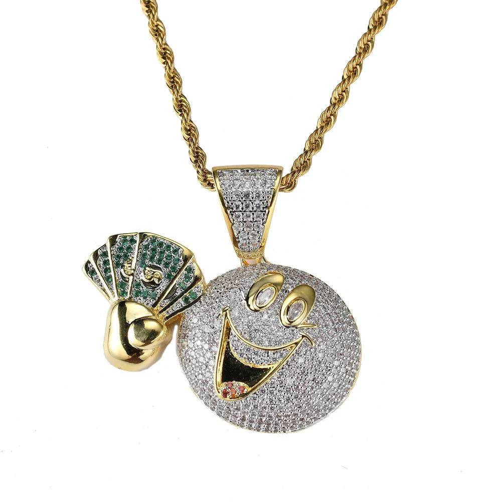 Iced Out Emoji Diamond Pendant Necklace Rapper Bust Down Silver Gold