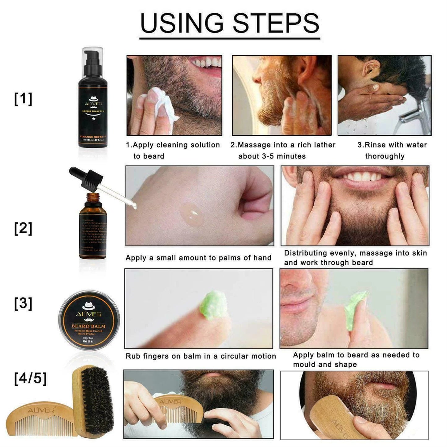 Men Beard Care Shampoo Oil Balm Comb Brush Grooming Shaving Great Gift Kit