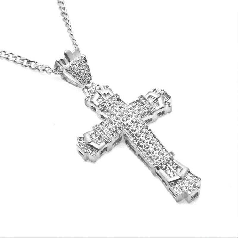 Crystal Cross Crucifix Necklace Pendant Chain Jewellery Silver iced out diamond