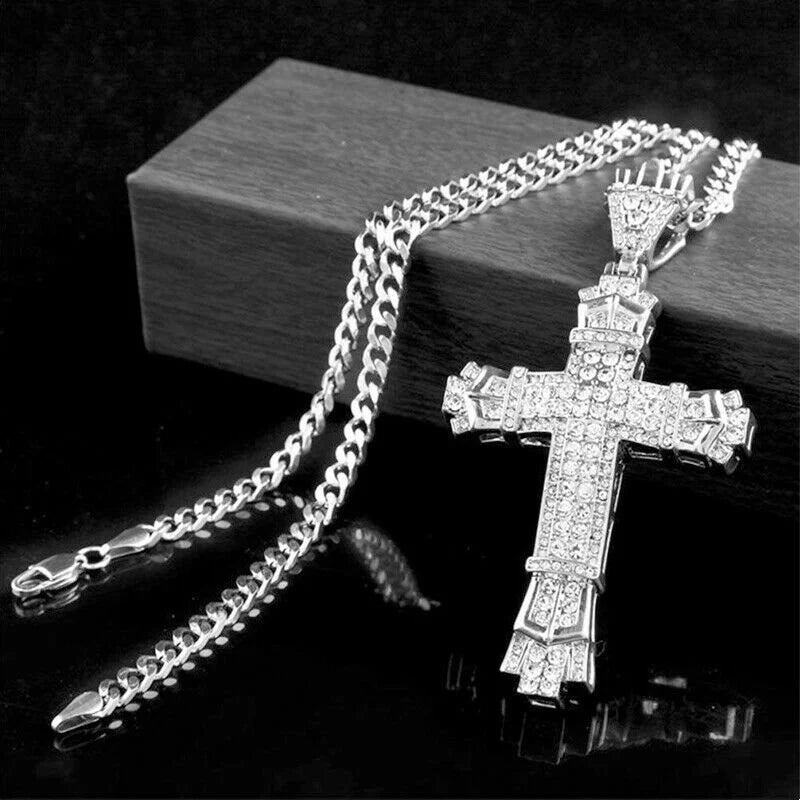 Crystal Cross Crucifix Necklace Pendant Chain Jewellery Silver iced out diamond