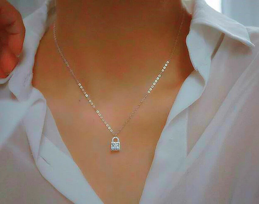 Women's Crystal Lock Pendant Silver Chain Necklace 925 Sterling