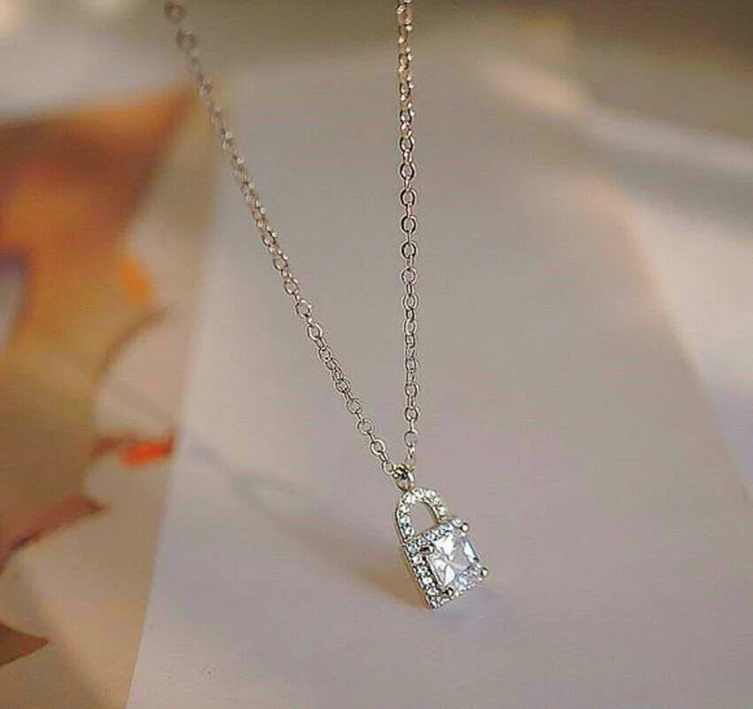 Women's Crystal Lock Pendant Silver Chain Necklace 925 Sterling