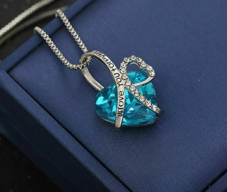 Women's Blue Heart Crystal Pendant Necklace 925 Silver