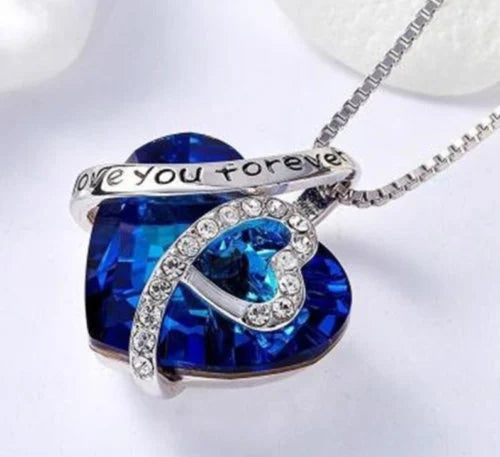 Women's Blue Heart Crystal Pendant Necklace 925 Silver