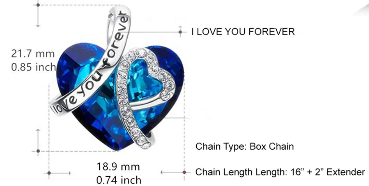 Women's Blue Heart Crystal Pendant Necklace 925 Silver