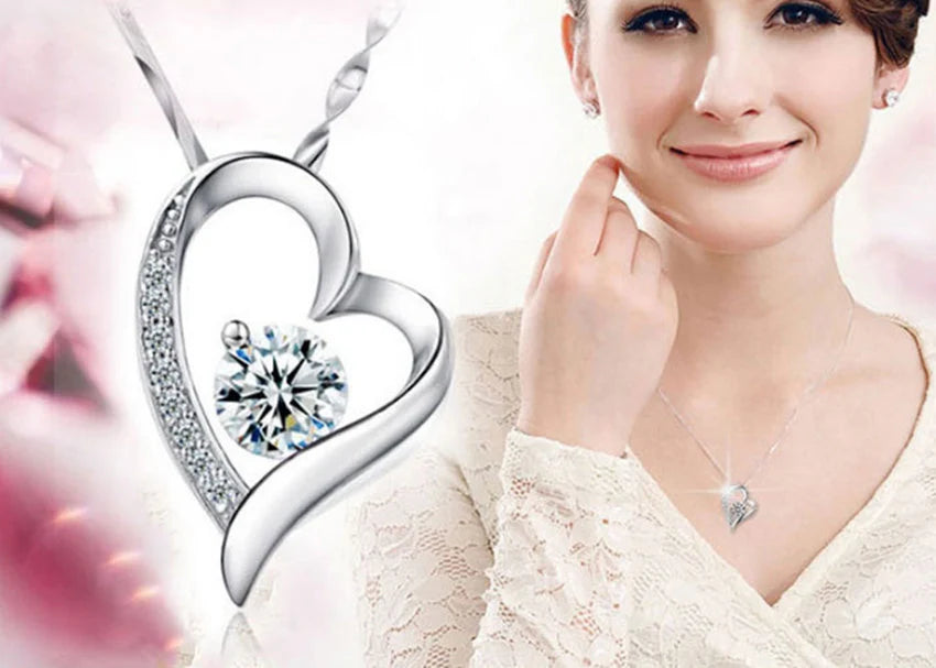 Women's Crystal Heart Pendant Necklace 925 Sterling Silver Chain