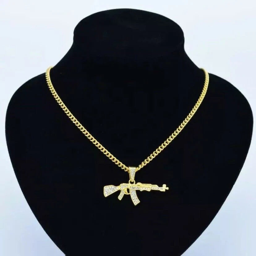 Bling Gold Ak47 Machine Gun Pistol Rifle Chain Pendant Diamond Bling