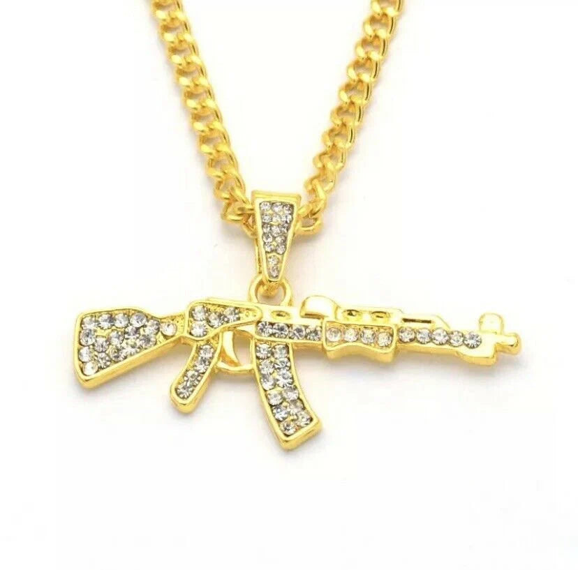 Bling Gold Ak47 Machine Gun Pistol Rifle Chain Pendant Diamond Bling