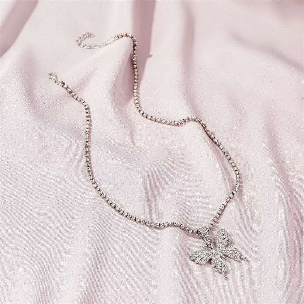 Bling Butterfly Pendant Rhinestone Chain Women Bling Crystal Choker