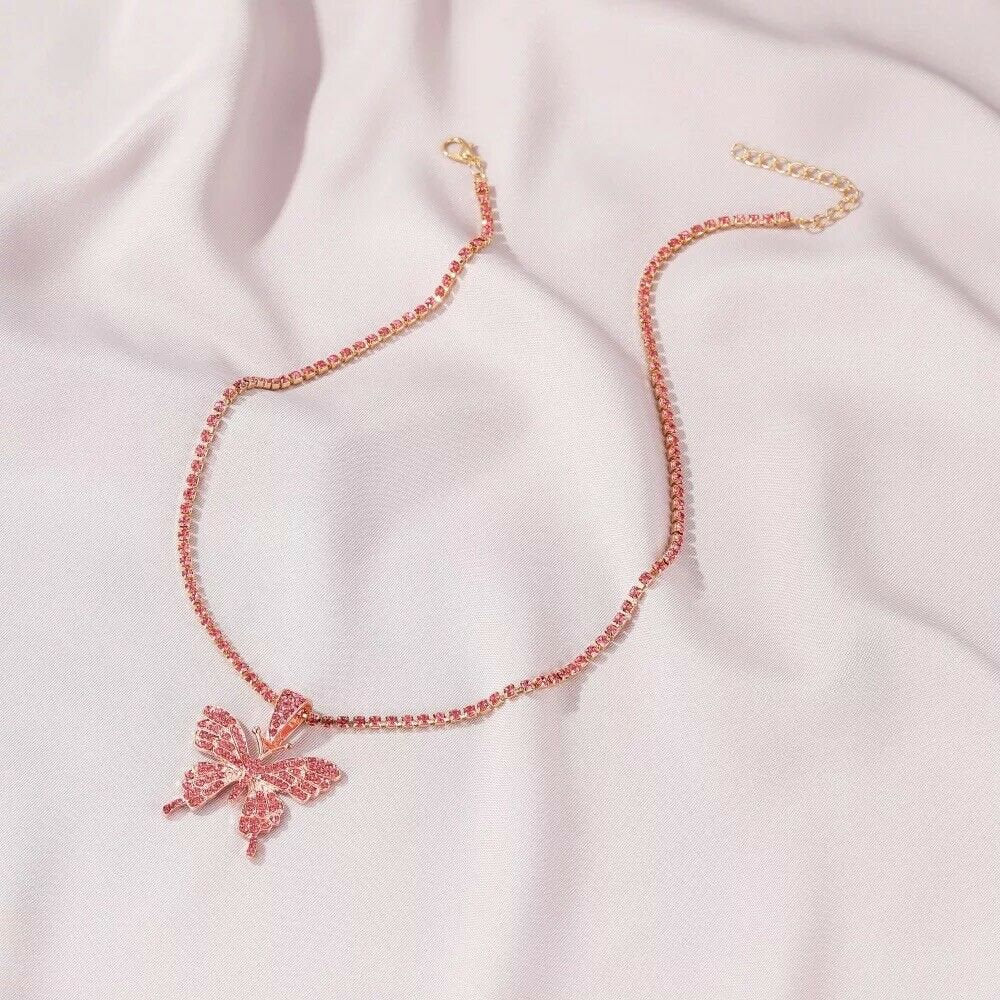 Bling Butterfly Pendant Rhinestone Chain Women Bling Crystal Choker