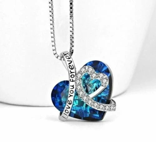 Women's Blue Heart Crystal Pendant Necklace 925 Silver