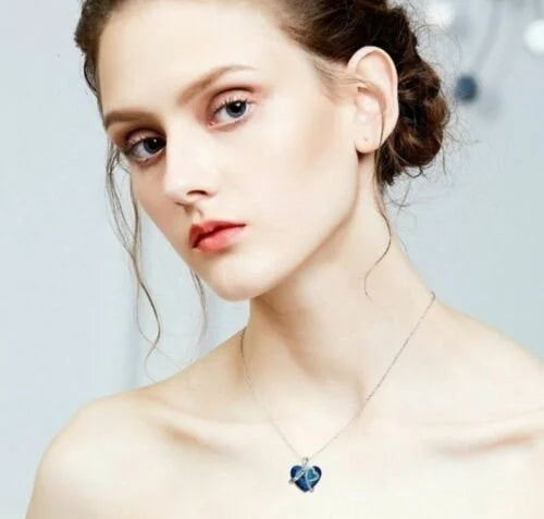 Women's Blue Heart Crystal Pendant Necklace 925 Silver
