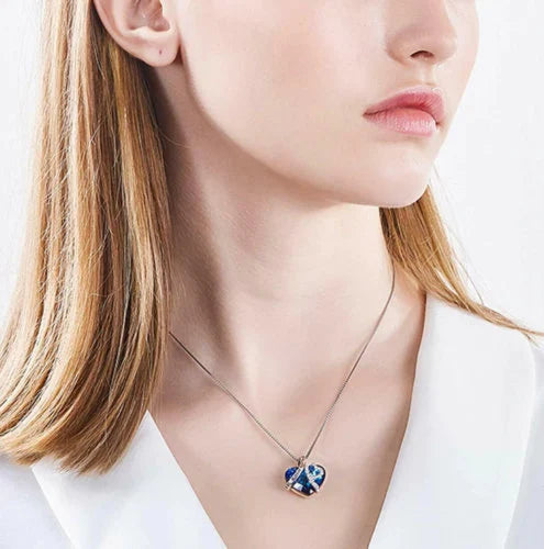Women's Blue Heart Crystal Pendant Necklace 925 Silver
