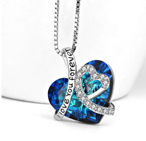 Women's Blue Heart Crystal Pendant Necklace 925 Silver
