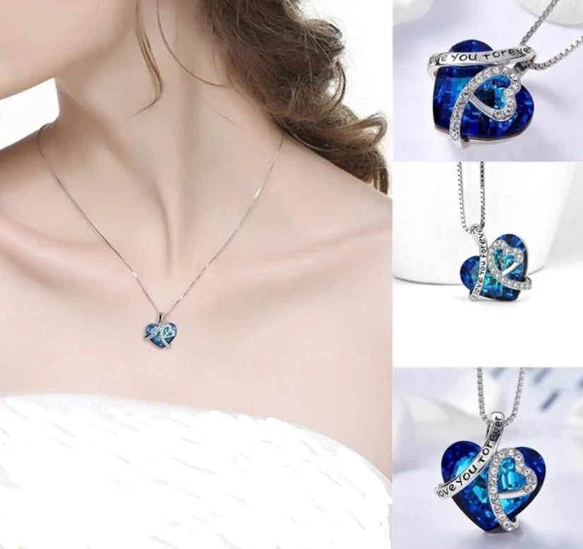 Women's Blue Heart Crystal Pendant Necklace 925 Silver