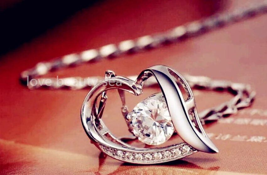 Women's Crystal Heart Pendant Necklace 925 Sterling Silver Chain