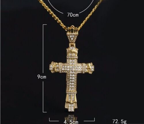Iced Out Bling Crystal Cross Crucifix Necklace Pendant Chain Gold diamond Jewellery