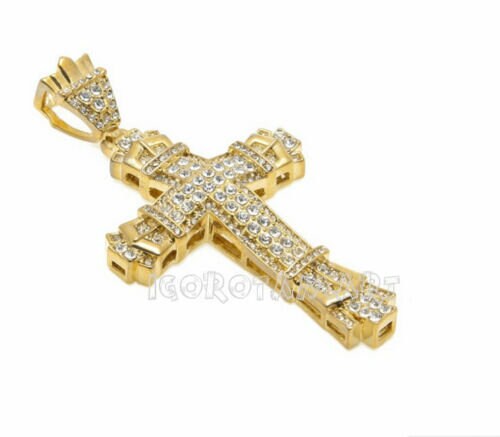 Iced Out Bling Crystal Cross Crucifix Necklace Pendant Chain Gold diamond Jewellery